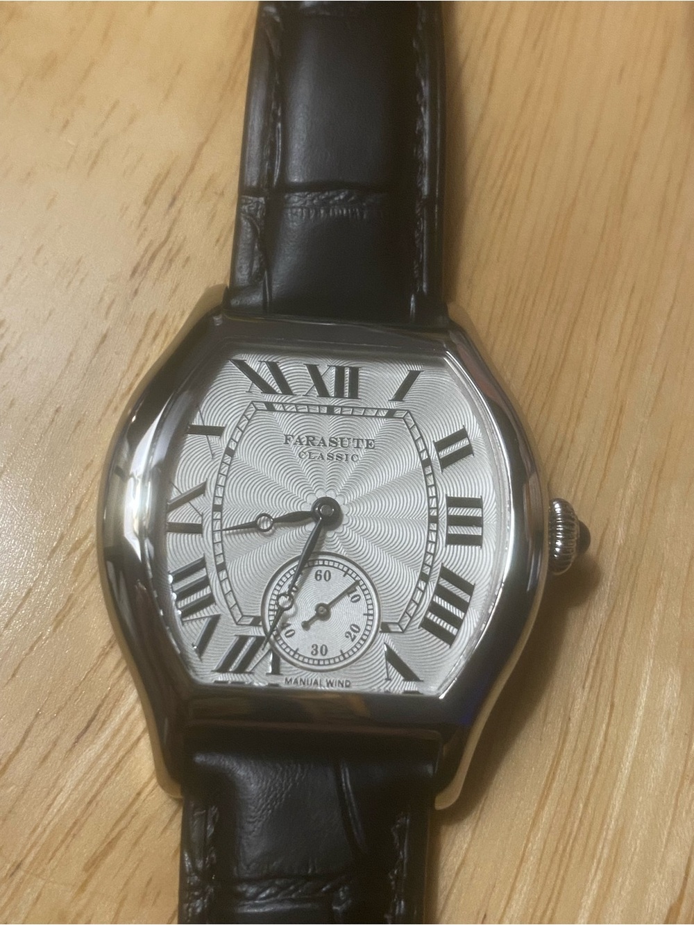 New Classic Silver Dial Manual Wind Farasute Watch with Black Leather Strap